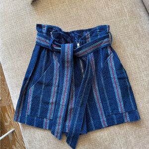 Striped High-Waist Blue Shorts with Tie Belt from Madrid Boutique Brand MAKSU